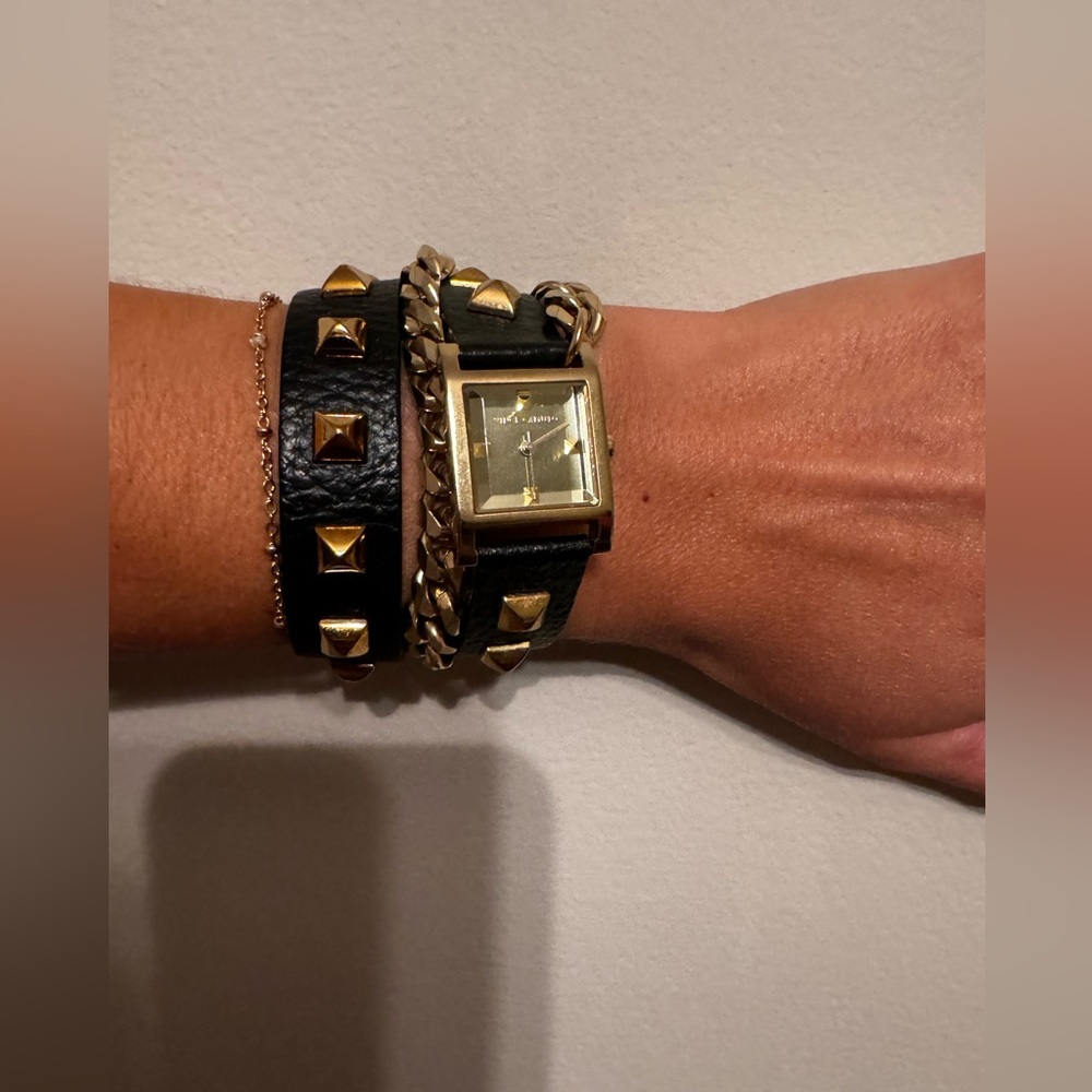 Vince Camuto Square Gold-Tone Double-Wrap Black Leather Strap Watch